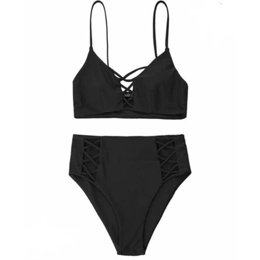 Black High Rise Bikini Lace Up Strappy Swim Suit Small Nwt - Picture 4 of 7